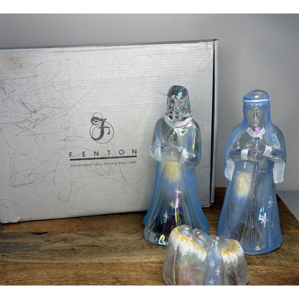 Fenton 3 Piece Holy Family Iridescent Blue Nativity Signed First Edition W/box